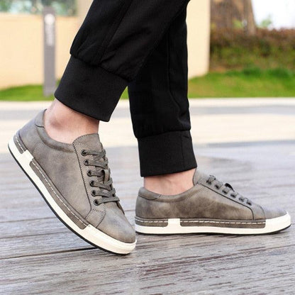 Stevvex men's grey suede leather sneakers pair, lace-up casual walking shoes with white sole on Tampa Home & Garden Store