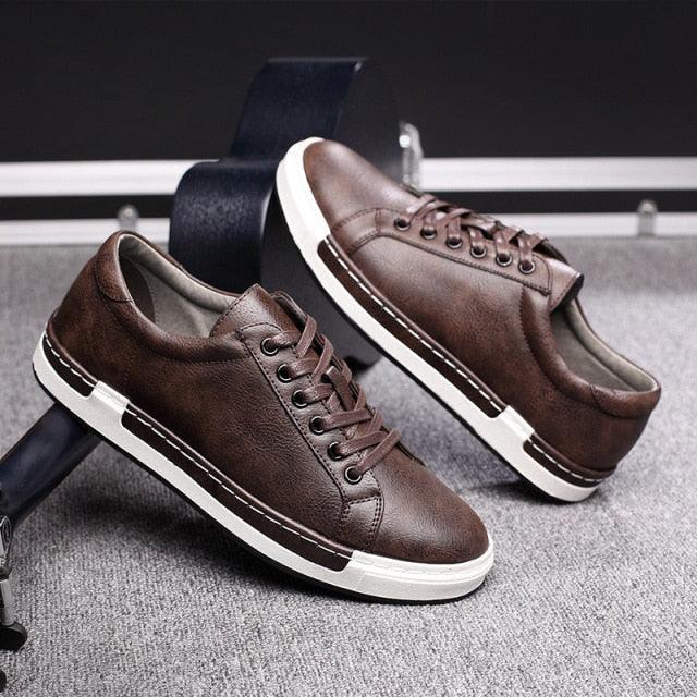 Stevvex men's brown leather sneakers pair, white sole, casual walking shoes on Tampa Home & Garden Store