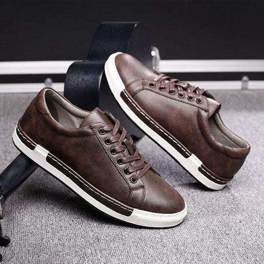 Brown leather men's sneakers by Stevvex with white sole and contrast stitching on Tampa Home & Garden Store