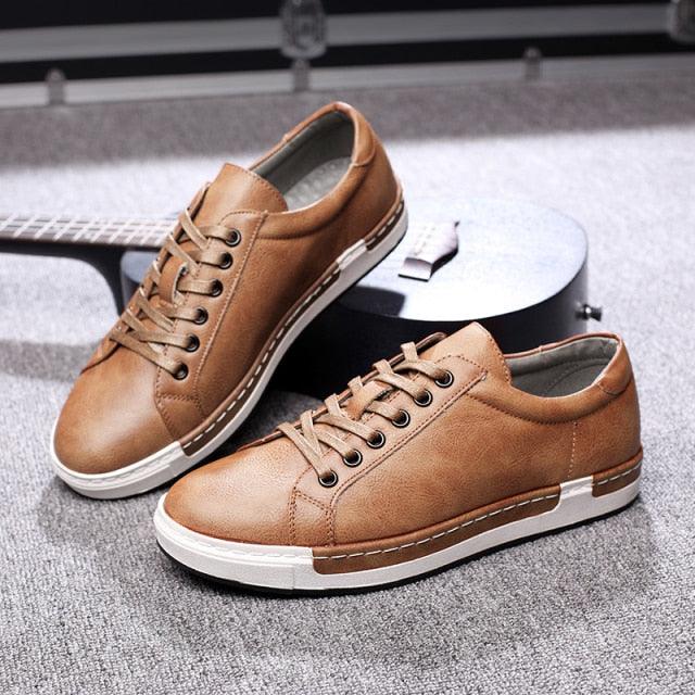 Stevvex men's leather sneakers tan brown, lace-up casual shoes with white sole, 1 pair on Tampa Home & Garden Store