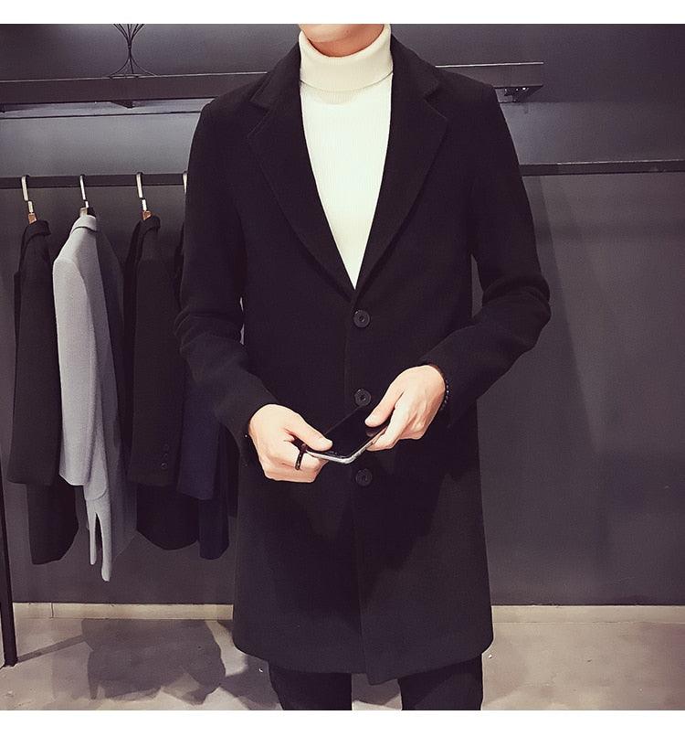 Black men's single-breasted trench coat, mid-length with notch lapels and clean silhouette on Tampa Home & Garden Store