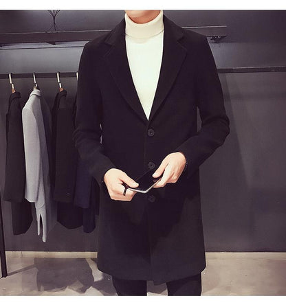 Black men's single-breasted trench coat, mid-length with notch lapels and clean silhouette on Tampa Home & Garden Store