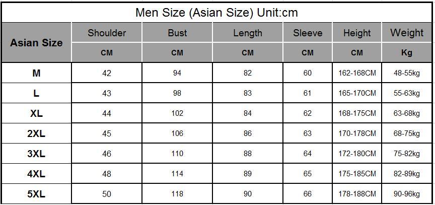 Stevvex men's trench coat size chart for Asian sizes M–5XL with shoulder, bust, length, sleeve on Tampa Home & Garden Store