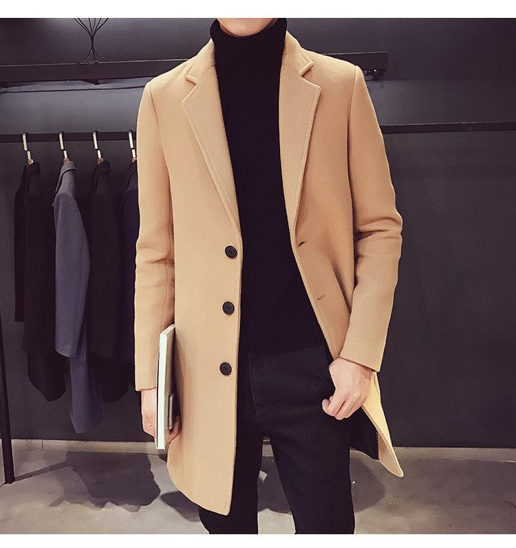 Beige Stevvex men's trench coat, long wool blend overcoat with notch lapels and black buttons on Tampa Home & Garden Store