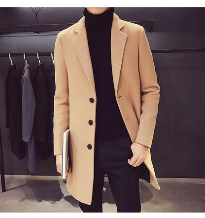 Beige Stevvex men's trench coat, long wool blend overcoat with notch lapels and black buttons on Tampa Home & Garden Store