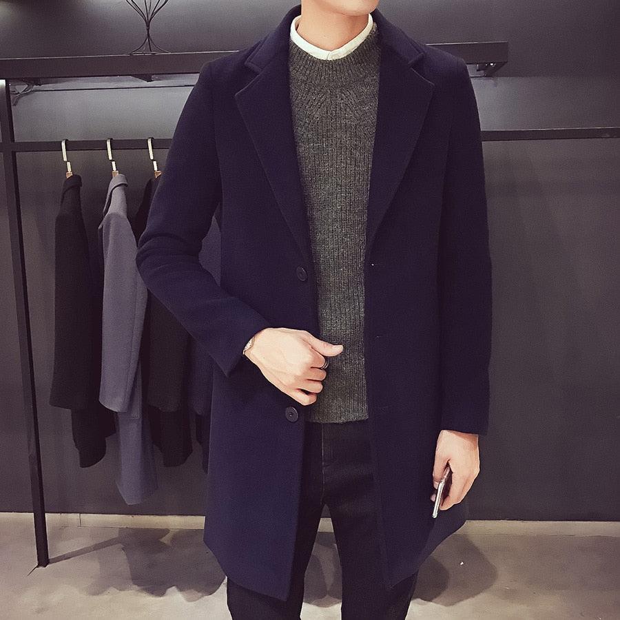 Stevvex men's navy trench coat, single-breasted long overcoat worn over gray knit sweater on Tampa Home & Garden Store