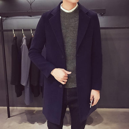 Stevvex men's navy trench coat, single-breasted long overcoat worn over gray knit sweater on Tampa Home & Garden Store