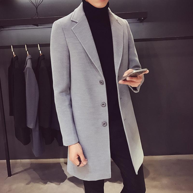 Stevvex gray trench coat, long wool-blend overcoat with notched lapels and 3-button front on Tampa Home & Garden Store
