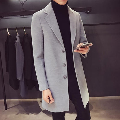 Stevvex gray trench coat, long wool-blend overcoat with notched lapels and 3-button front on Tampa Home & Garden Store