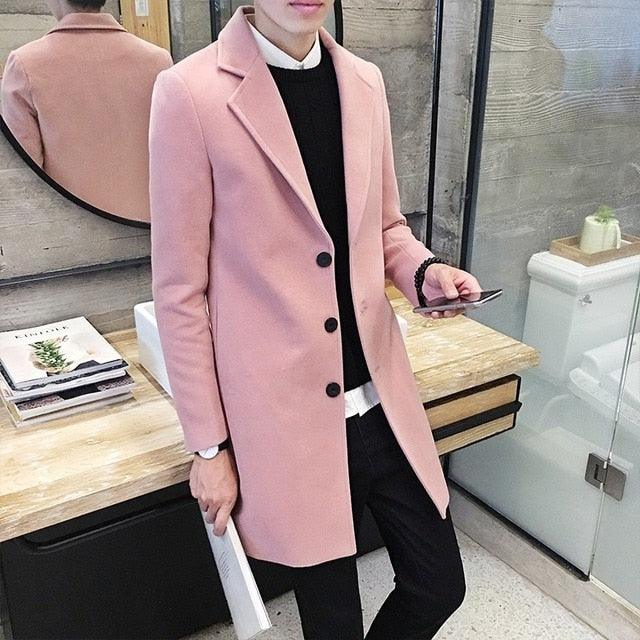 Stevvex pink men's trench coat long overcoat with black buttons in-store display on Tampa Home & Garden Store