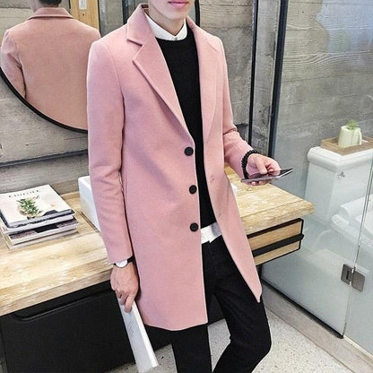 Stevvex pink men's trench coat long overcoat with black buttons in-store display on Tampa Home & Garden Store