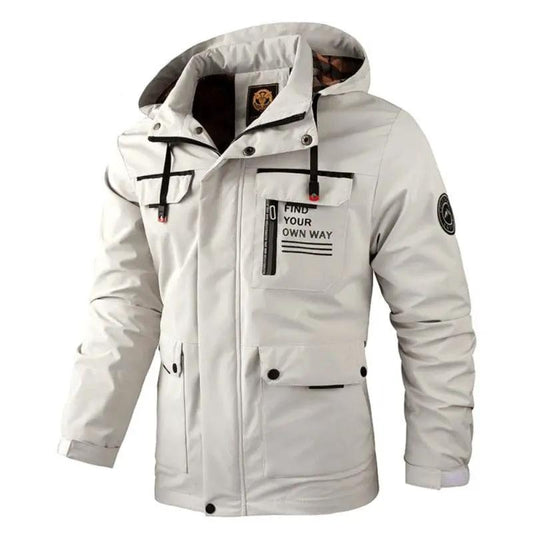 Stevvex men's hooded windbreaker jacket, white waterproof outerwear with chest zip pockets on Tampa Home & Garden Store