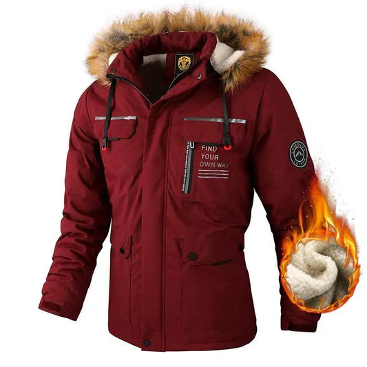 Stevvex red hooded windbreaker jacket with faux fur trim, waterproof outerwear with pockets on Tampa Home & Garden Store