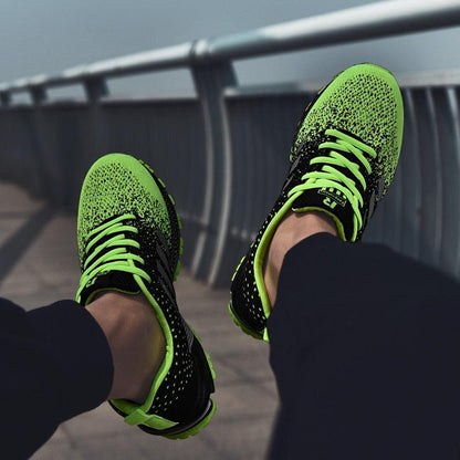 Stevvex athletic sneakers pair neon green running shoes with black knit upper and neon laces on Tampa Home & Garden Store
