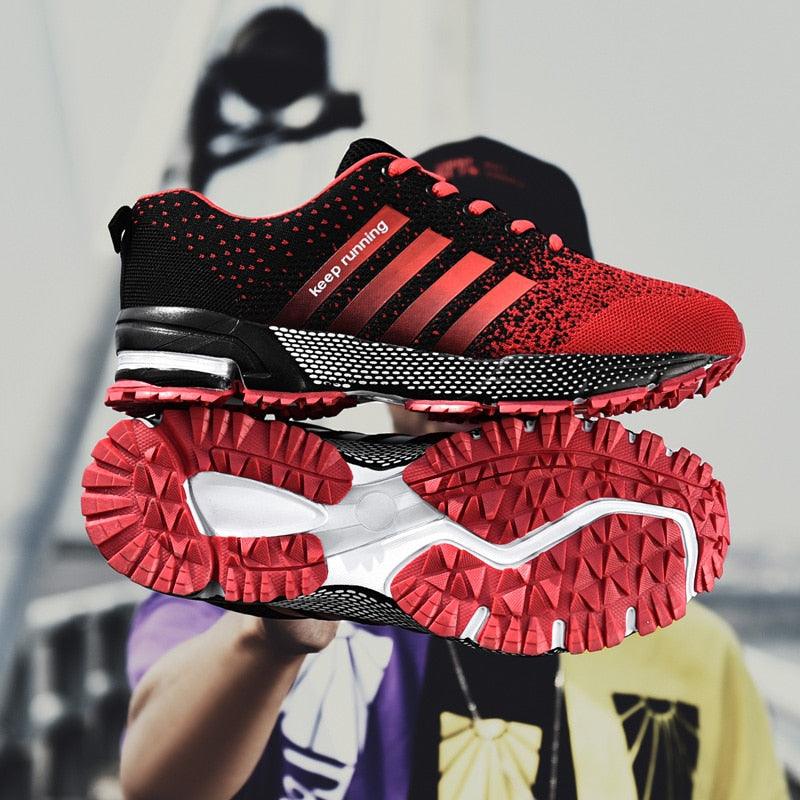 Stevvex athletic running sneakers red and black breathable mesh with chunky red outsole on Tampa Home & Garden Store
