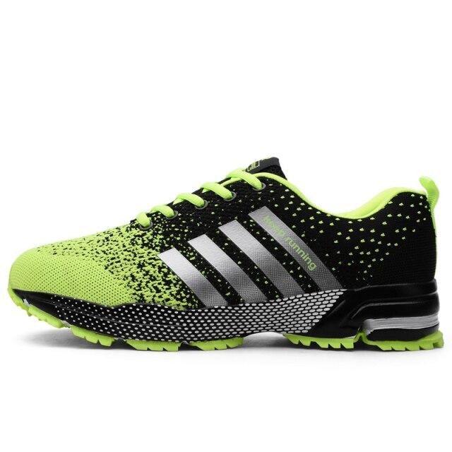 Stevvex athletic running sneakers neon lime green and black knit upper with silver stripes on Tampa Home & Garden Store