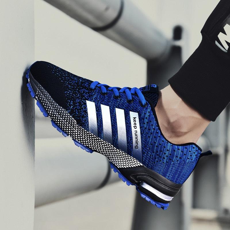 Running sneakers by Stevvex in blue knit with silver side stripes, breathable athletic shoes on Tampa Home & Garden Store