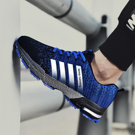 Running sneakers by Stevvex in blue knit with silver side stripes, breathable athletic shoes on Tampa Home & Garden Store