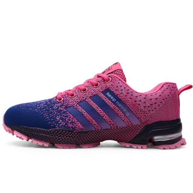 Stevvex athletic sneakers, pair of pink and blue breathable mesh running shoes with 3 stripes on Tampa Home & Garden Store