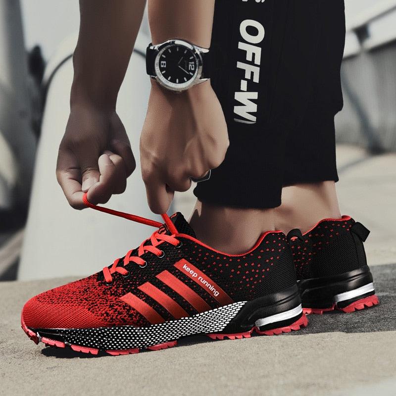 Stevvex athletic sneakers red and black with breathable mesh and red laces on Tampa Home & Garden Store