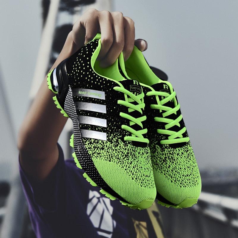Stevvex athletic sneakers pair neon green and black with breathable knit upper and lace-up design on Tampa Home & Garden Store