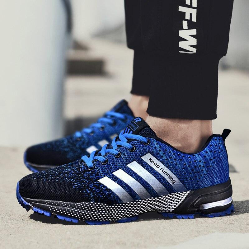 Stevvex blue and black knit athletic sneakers with white stripes, breathable running shoes on Tampa Home & Garden Store
