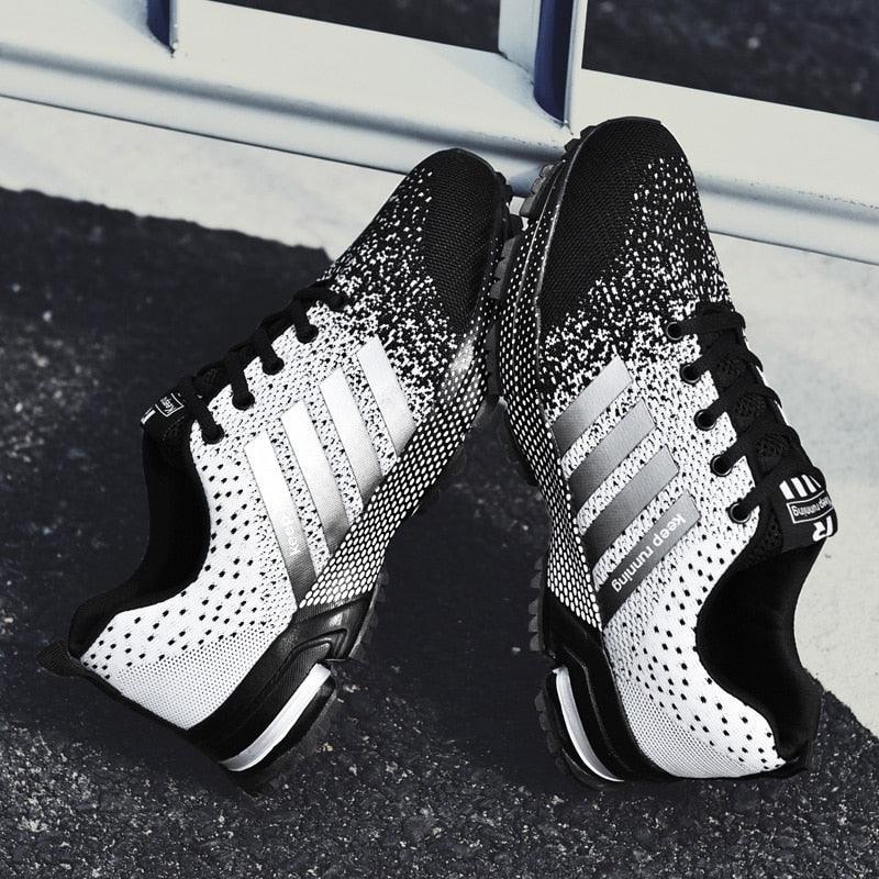 Stevvex athletic sneakers white-black gradient mesh with silver stripes breathable running shoes on Tampa Home & Garden Store