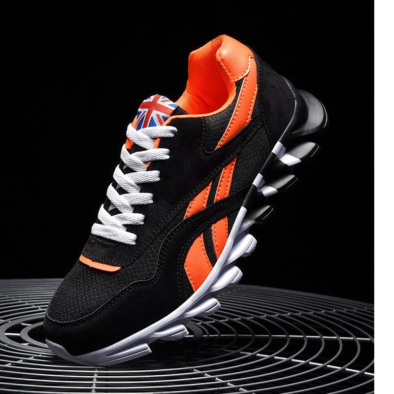 Stevvex athletic running shoe black with orange accents, white laces, Union Jack tongue on Tampa Home & Garden Store