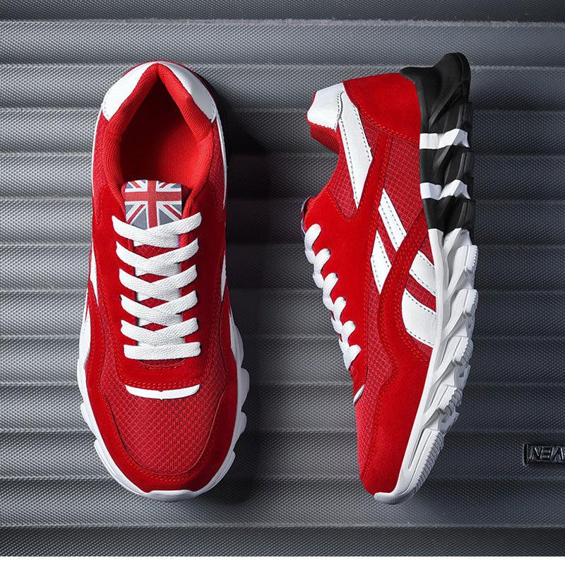 Stevvex red athletic sneakers with white laces and side stripes, top and side views on Tampa Home & Garden Store