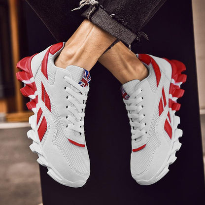 Stevvex men's athletic running sneakers pair white with red accents and Union Jack tongue on Tampa Home & Garden Store