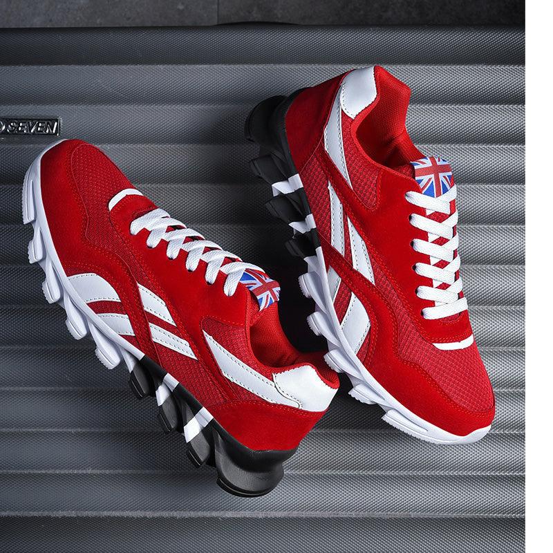 Stevvex red athletic sneakers with white stripes and laces, flag tongue on Tampa Home & Garden Store