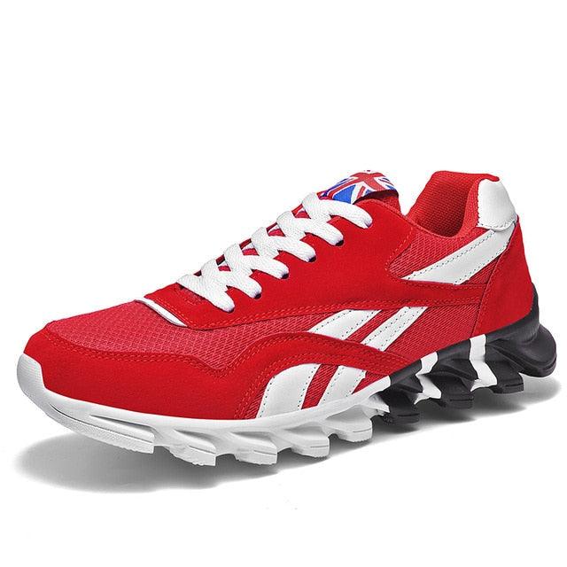 Mens running sneakers red lightweight breathable Stevvex athletic shoes with white stripes on Tampa Home & Garden Store