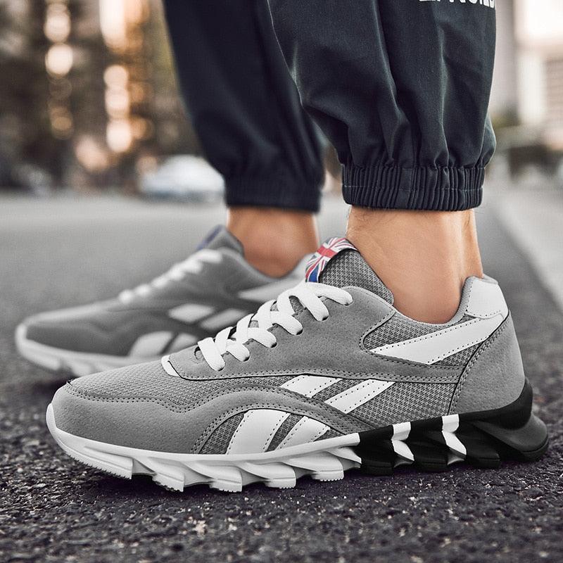 Stevvex men's running shoes gray suede mesh upper with white stripes and chunky sole on Tampa Home & Garden Store