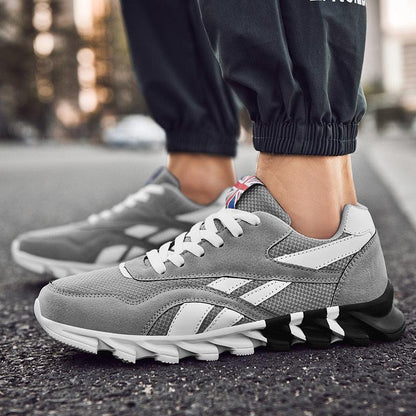 Stevvex men's running shoes gray suede mesh upper with white stripes and chunky sole on Tampa Home & Garden Store