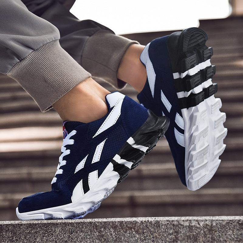 Men's Stevvex navy blue running shoes pair, white accents, lightweight breathable sneakers on Tampa Home & Garden Store