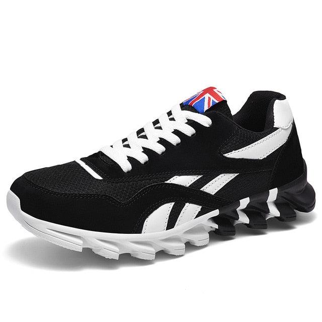 Stevvex men's running sneakers black with white stripes, breathable mesh upper, lightweight athletic shoes on Tampa Home & Garden Store