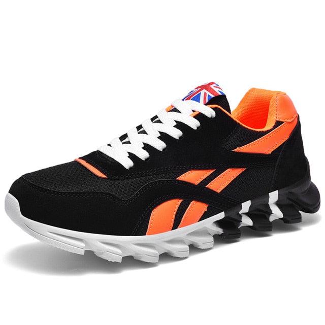 Mens running shoes Stevvex, black with orange accents, breathable upper, white laces on Tampa Home & Garden Store