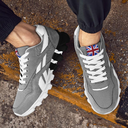 Stevvex athletic shoes gray mesh suede with white laces, Union Jack tongue tag on Tampa Home & Garden Store