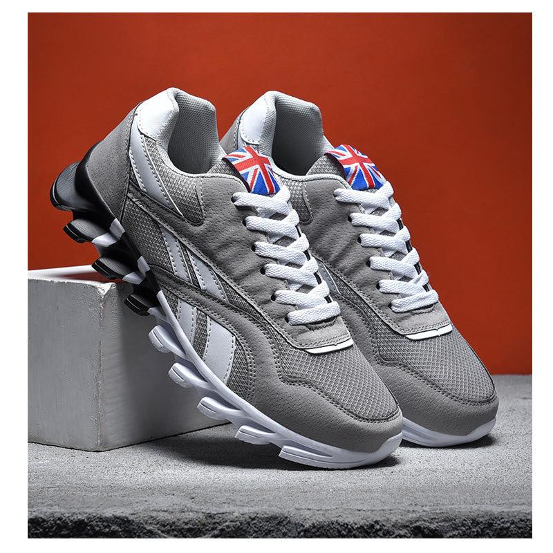 Stevvex men's running sneakers, gray mesh upper, lightweight breathable pair with Union Jack tag on Tampa Home & Garden Store