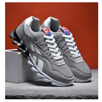 Stevvex men's running sneakers, gray mesh upper, lightweight breathable pair with Union Jack tag on Tampa Home & Garden Store
