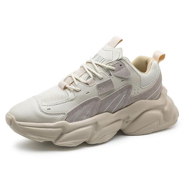 Stevvex men's chunky white sneaker with beige accents, breathable mesh upper and thick sole on Tampa Home & Garden Store
