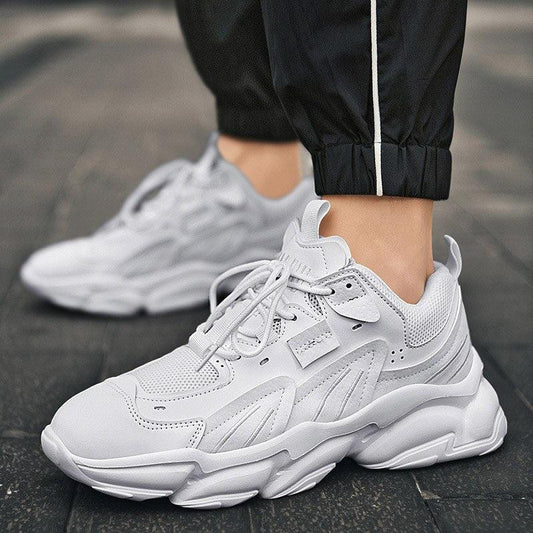 Stevvex white chunky men's sneakers with layered panels and perforations lace-up style on Tampa Home & Garden Store