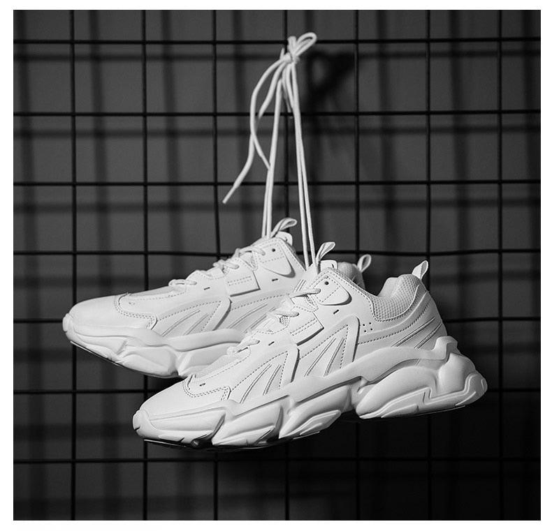 Stevvex white men's chunky sneakers, casual sporty lace-up running design, pair on Tampa Home & Garden Store