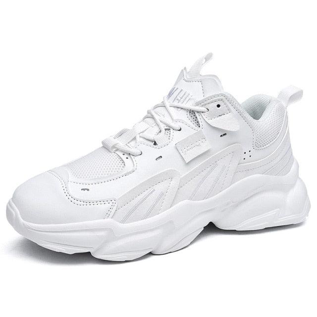 Men's white chunky sneakers with mesh panels and thick sole, casual sporty footwear on Tampa Home & Garden Store