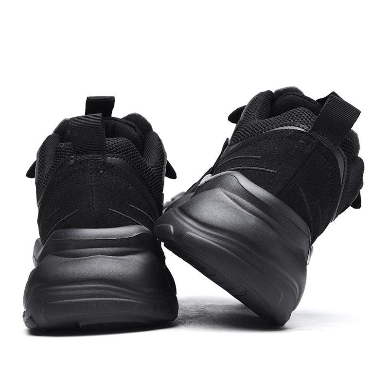 Stevvex black men's sneakers with chunky sole, breathable mesh upper and pull tabs on Tampa Home & Garden Store
