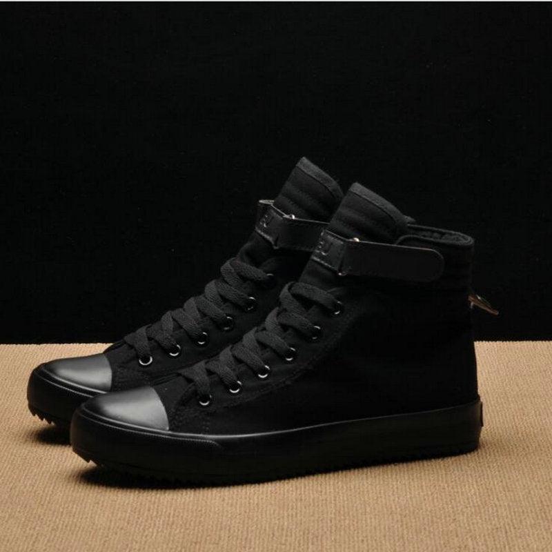 Stevvex black high-top sneakers, pair with lace-up and ankle strap vulcanized sole on Tampa Home & Garden Store