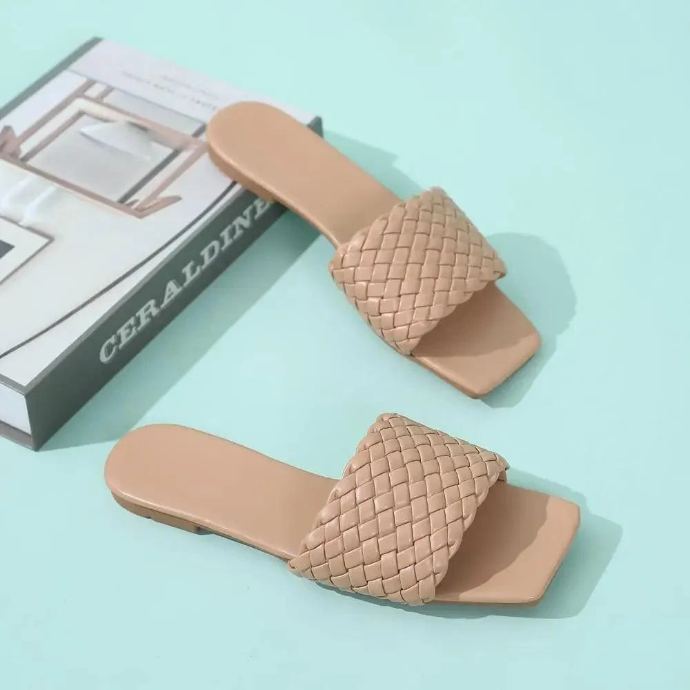 Stevvex beige woven-strap slide sandals open-toe beachwear pair on Tampa Home & Garden Store