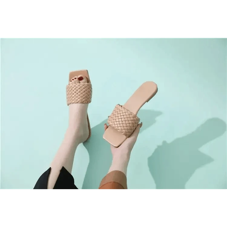 Women’s beige woven-strap open-toe sandals, casual beach slides, two shown on Tampa Home & Garden Store
