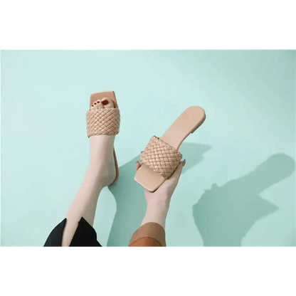 Women’s beige woven-strap open-toe sandals, casual beach slides, two shown on Tampa Home & Garden Store