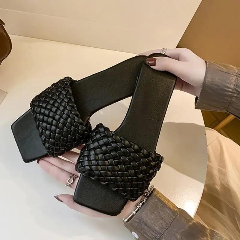 Open-toe black woven strap sandals by Stevvex with braided band and square heel on Tampa Home & Garden Store